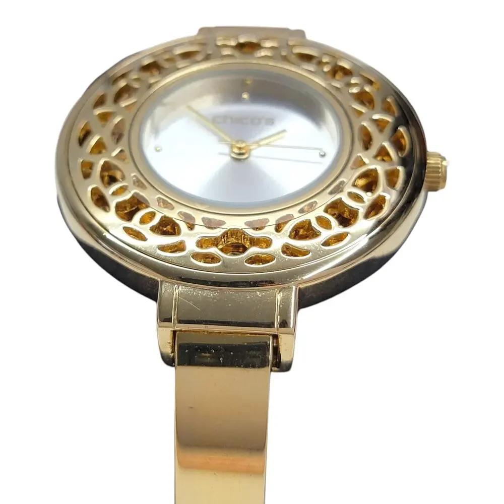 Chicos Portia Watch Womens Gold Tone Openwork Filigree Cuff Bangle New Battery